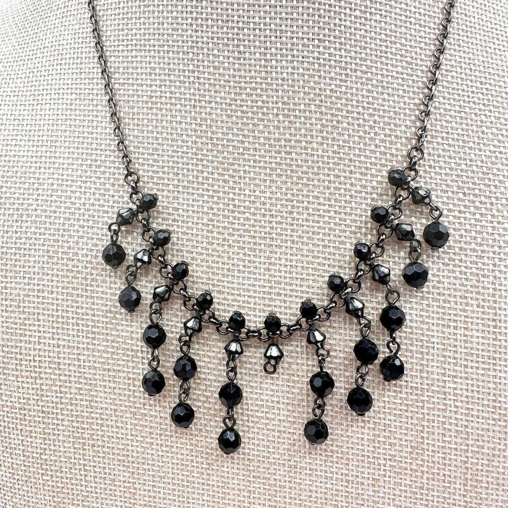 Vintage 90s Black Face Glass Bead Bib Statement Necklace Gunmetal Toned Jewelry